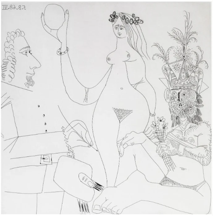 Painter In Front Of One Of Raphael's Three Graces, And A Woodsman In A Party Hat